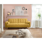 BANK MET BEDFUNCTIE, geel textiel, houten materiaal thumbnail 3