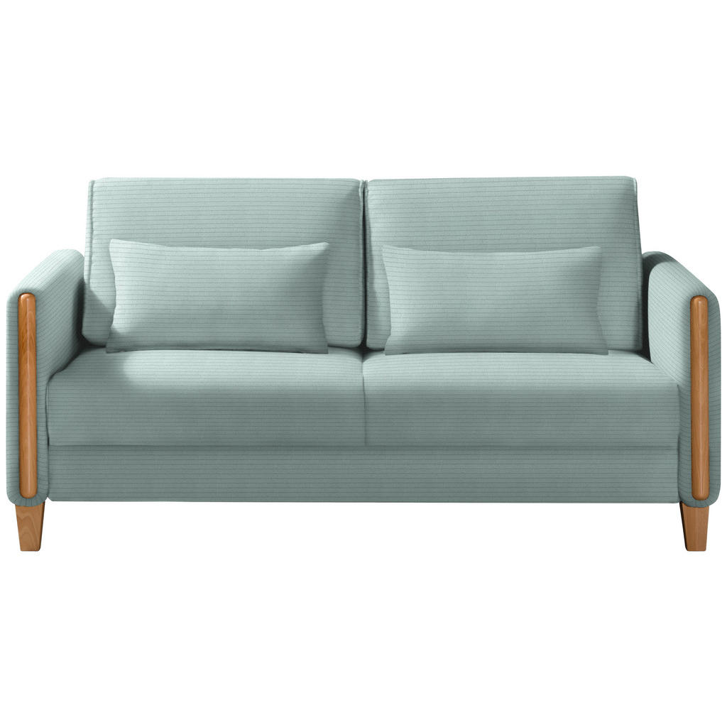 BANK MET BEDFUNCTIE, beukenkleur, lichtblauw hout, textiel