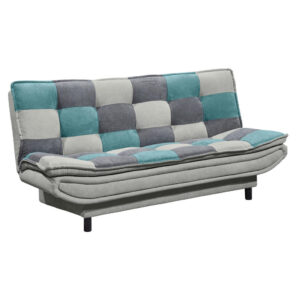 BANK MET BEDFUNCTIE, turquoise, vuilbruin, donkergrijs textiel, houten materiaal