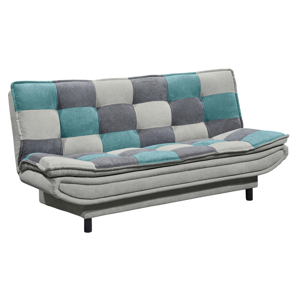 BANK MET BEDFUNCTIE, turquoise, vuilbruin, donkergrijs textiel, houten materiaal